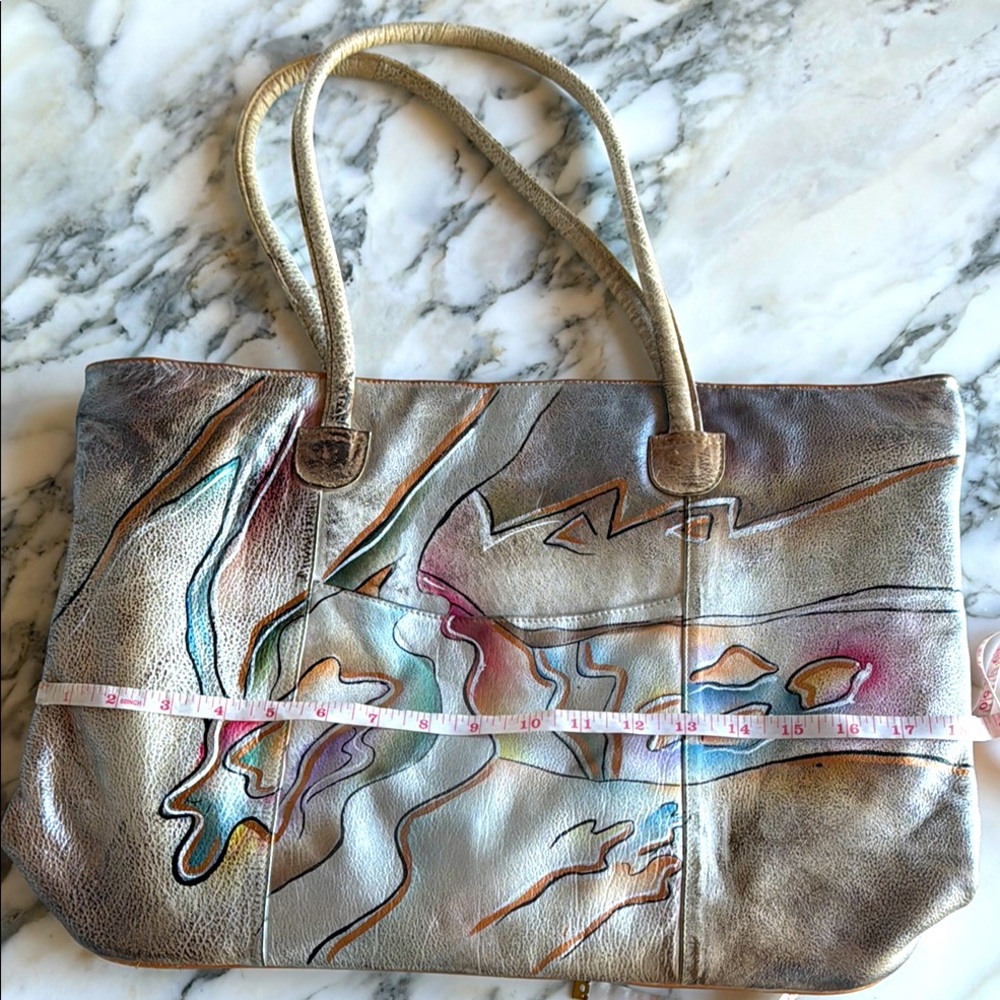 80’s RARE RETRO Leather Hand Painted Tote Shoulder Bag - Picture 6 of 17